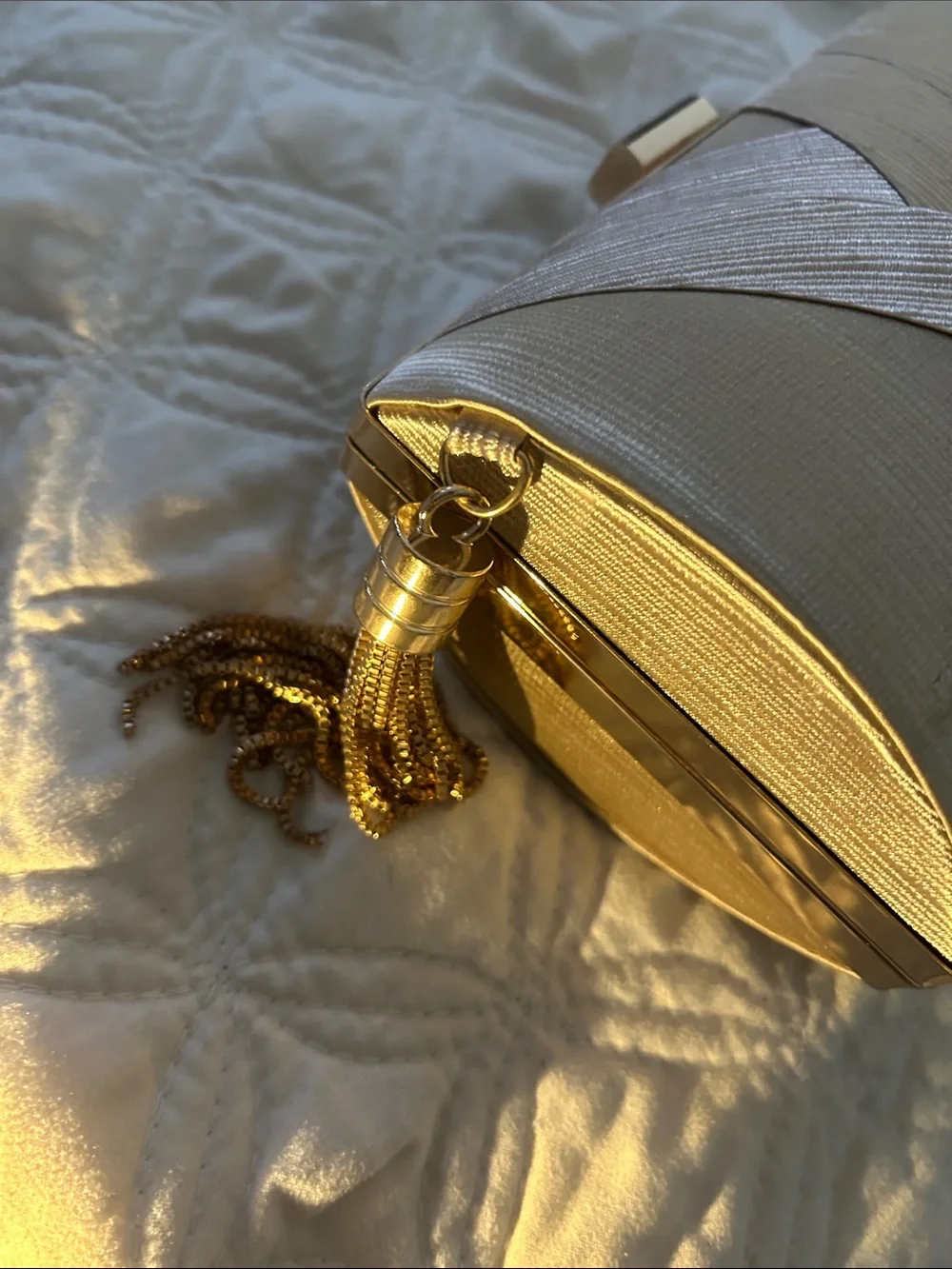 Elegant Neutral Woven Clutch - Gold Accent